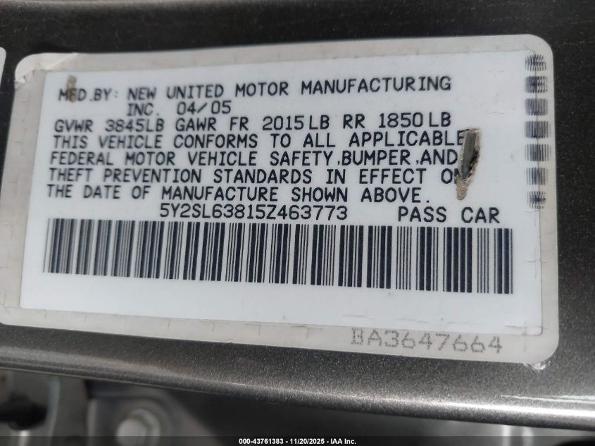 2005 Pontiac Vibe VIN: 5Y2SL63815Z463773 Lot: 43761383