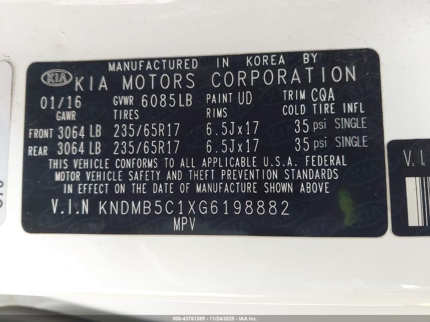 2016 Kia Sedona Lx VIN: KNDMB5C1XG6198882 Lot: 43761389