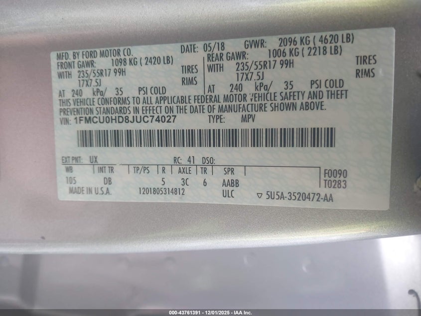 1FMCU0HD8JUC74027 2018 FORD ESCAPE photo no. 9