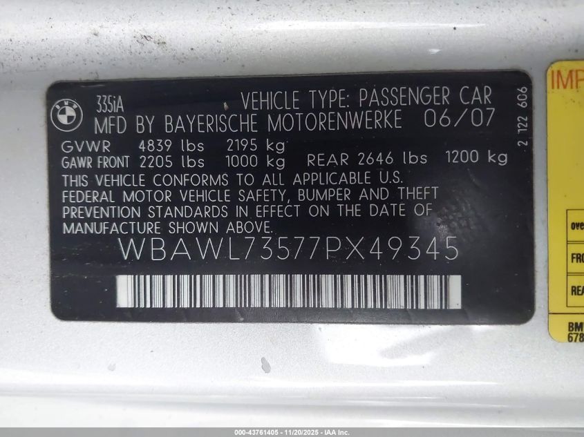 2007 BMW 335I VIN: WBAWL73577PX49345 Lot: 43761405