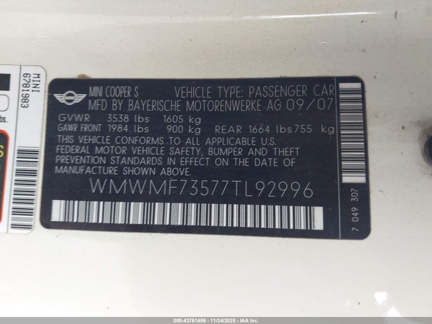 2007 Mini Cooper S VIN: WMWMF73577TL92996 Lot: 43761406