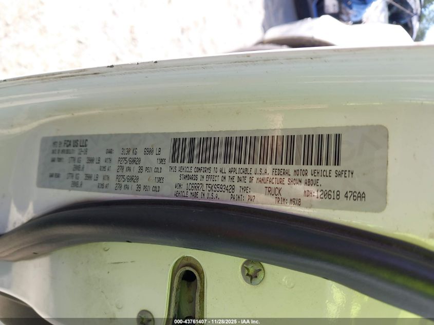 2019 Ram 1500 Classic Big Horn 4X4 5'7 Box VIN: 1C6RR7LT5KS593428 Lot: 43761407