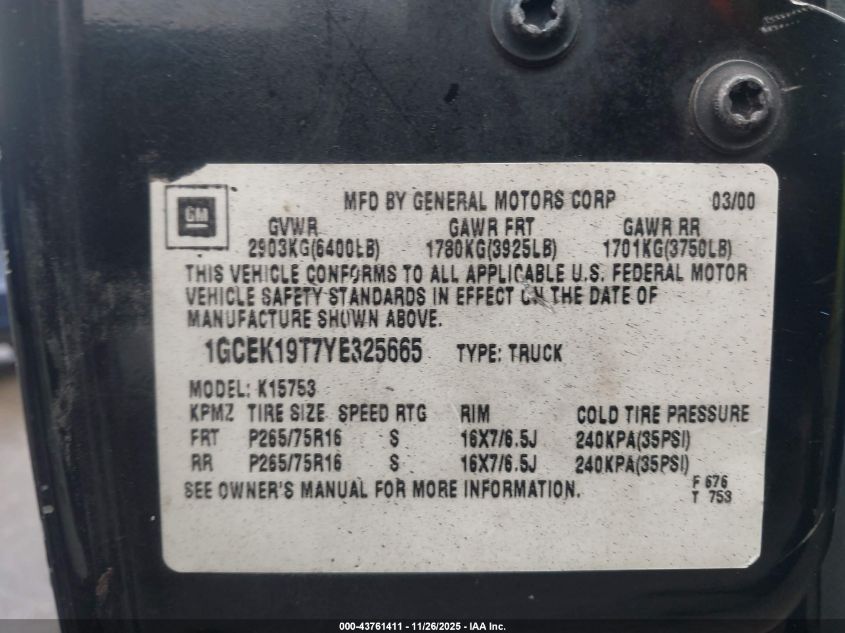 2000 Chevrolet Silverado 1500 Lt VIN: 1GCEK19T7YE325665 Lot: 43761411
