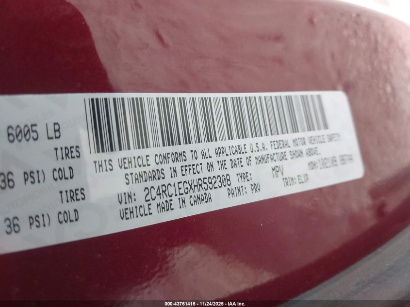 2017 Chrysler Pacifica Touring-L Plus VIN: 2C4RC1EGXHR592308 Lot: 43761415