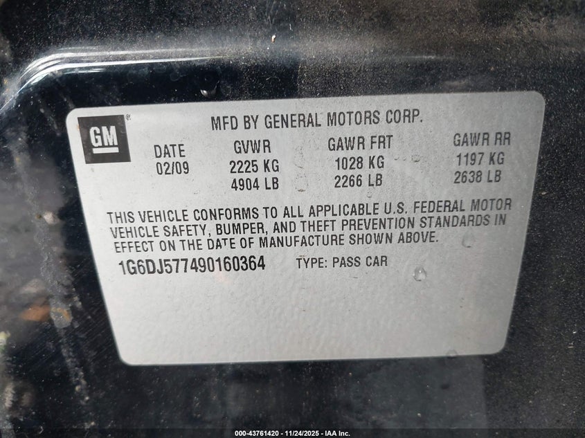 2009 Cadillac Cts Standard VIN: 1G6DJ577490160364 Lot: 43761420