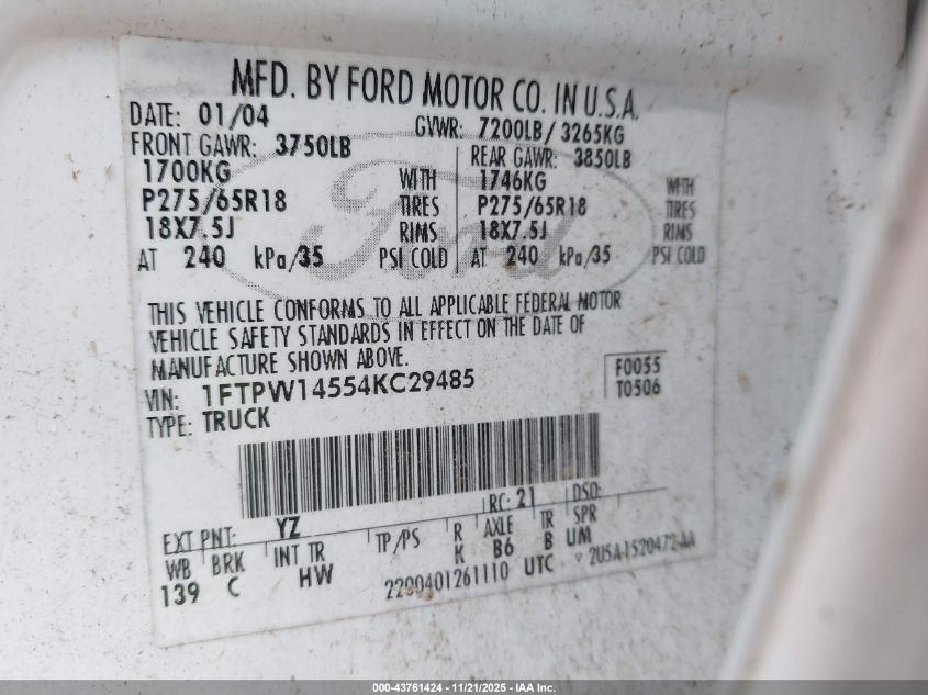 2004 Ford F-150 Fx4/Lariat/Xlt VIN: 1FTPW14554KC29485 Lot: 43761424