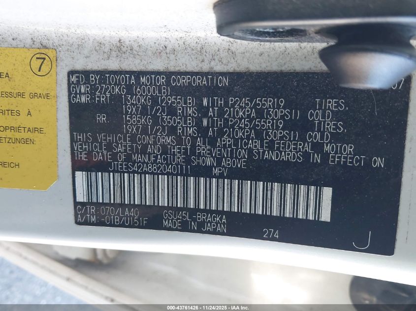 2008 Toyota Highlander Limited VIN: JTEES42A882040111 Lot: 43761426