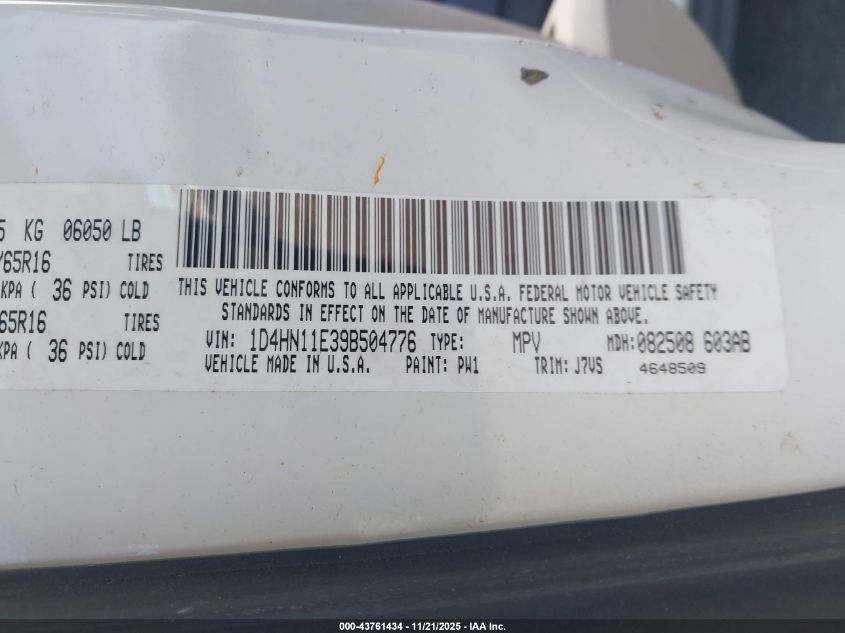 2009 Dodge Grand Caravan Cv VIN: 1D4HN11E39B504776 Lot: 43761434