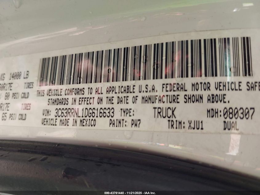 2013 Ram 3500 Laramie Longhorn VIN: 3C63RRNL1DG616633 Lot: 43761440