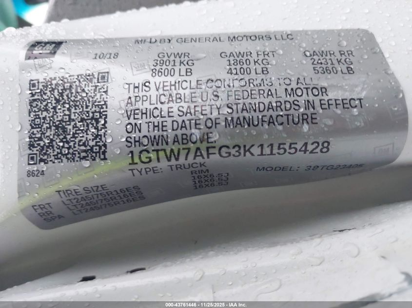 2019 GMC Savana 2500 Work Van VIN: 1GTW7AFG3K1155428 Lot: 43761446