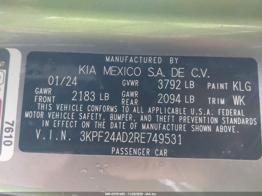 2024 Kia Forte Lxs VIN: 3KPF24AD2RE749531 Lot: 43761450