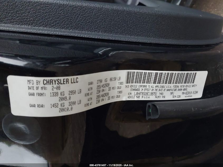 2008 Jeep Grand Cherokee Srt8 VIN: 1J8HR78328C199751 Lot: 43761457