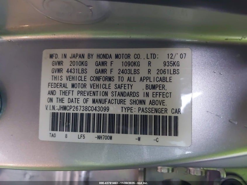 JHMCP26738C043099 2008 HONDA ACCORD photo no. 9