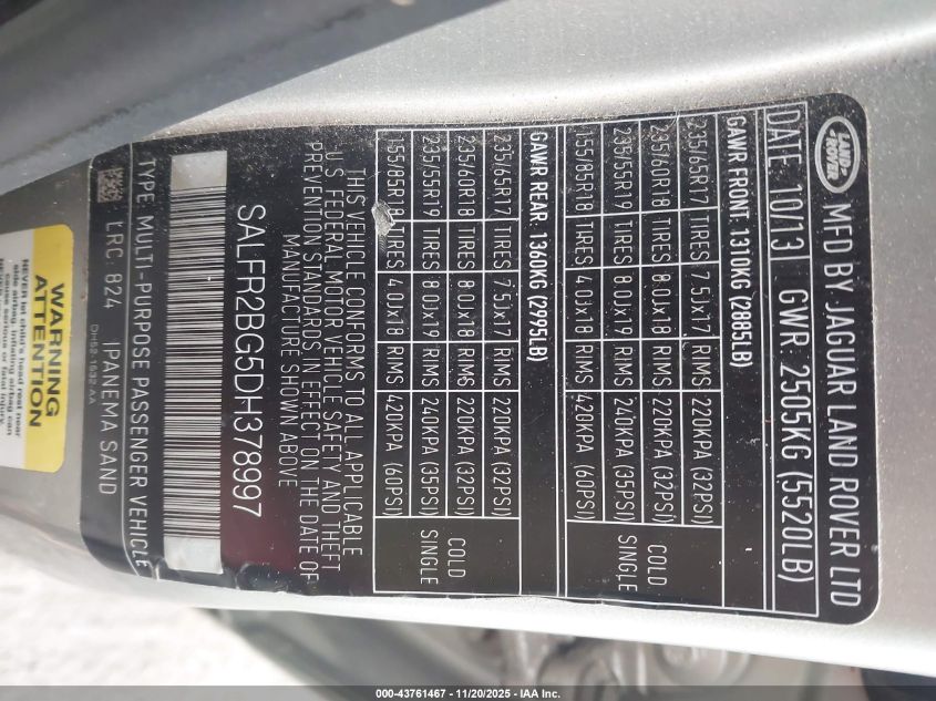 2013 Land Rover Lr2 VIN: SALFR2BG5DH378997 Lot: 43761467