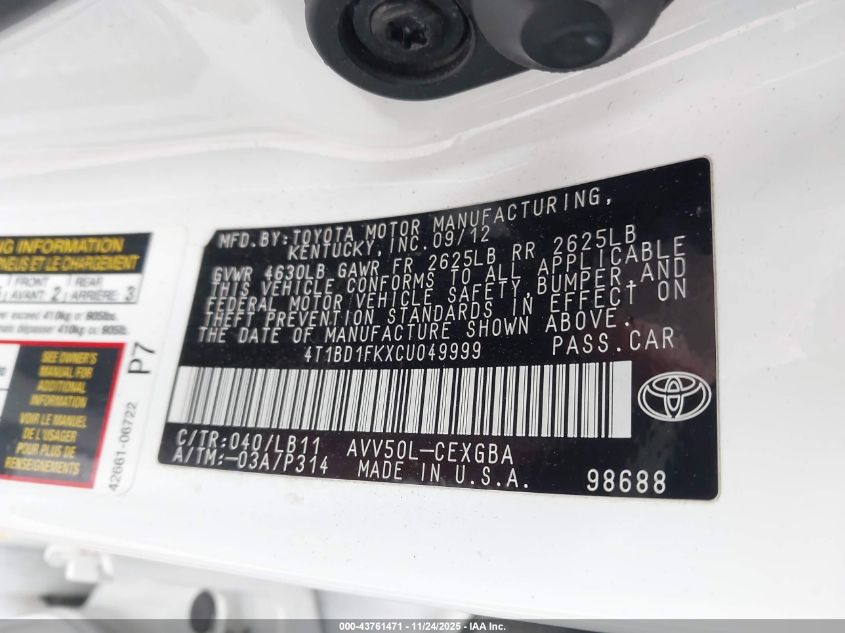 2012 Toyota Camry Hybrid Xle VIN: 4T1BD1FKXCU049999 Lot: 43761471