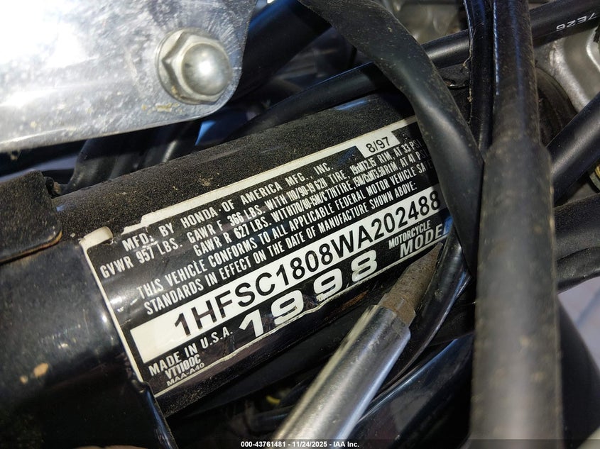 1998 Honda Vt1100 C VIN: 1HFSC1808WA202488 Lot: 43761481