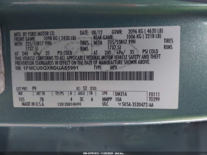 2013 Ford Escape Se VIN: 1FMCU0GX6DUA85991 Lot: 43761513