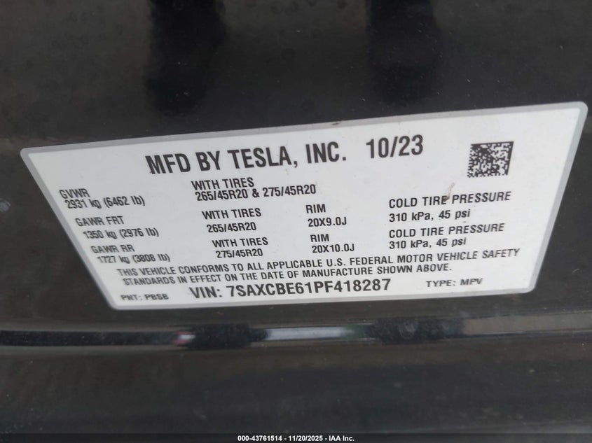 2023 Tesla Model X Plaid Tri Motor All-Wheel Drive VIN: 7SAXCBE61PF418287 Lot: 43761514