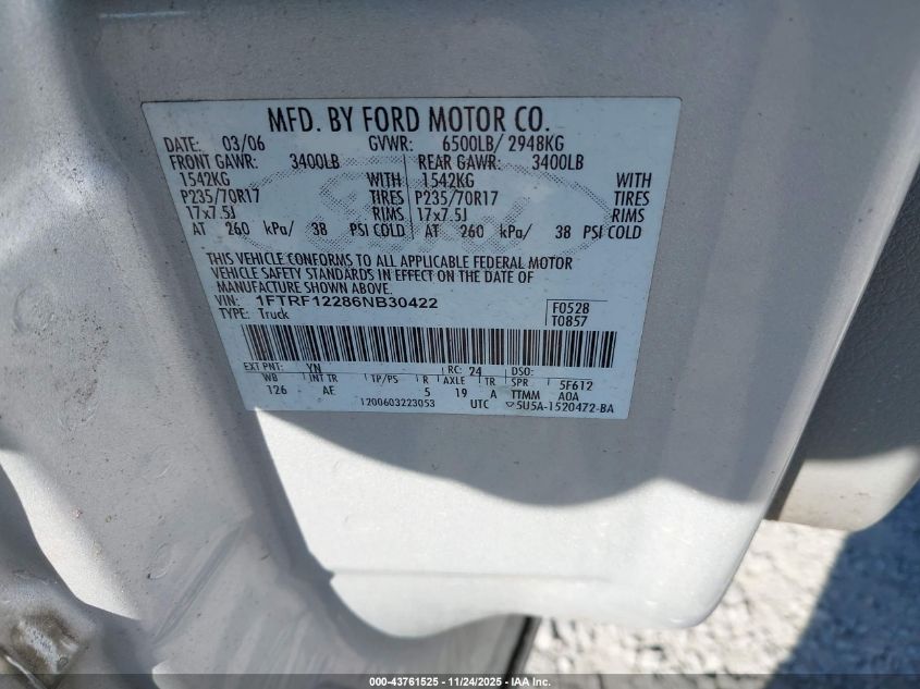 2006 Ford F-150 Stx/Xl/Xlt VIN: 1FTRF12286NB30422 Lot: 43761525