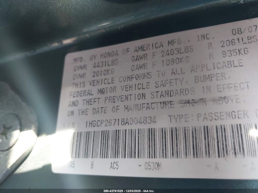 2008 Honda Accord 2.4 Ex VIN: 1HGCP26718A004834 Lot: 43761529