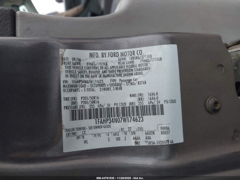 2007 Ford Focus S/Se/Ses VIN: 1FAHP34N07W174623 Lot: 43761530