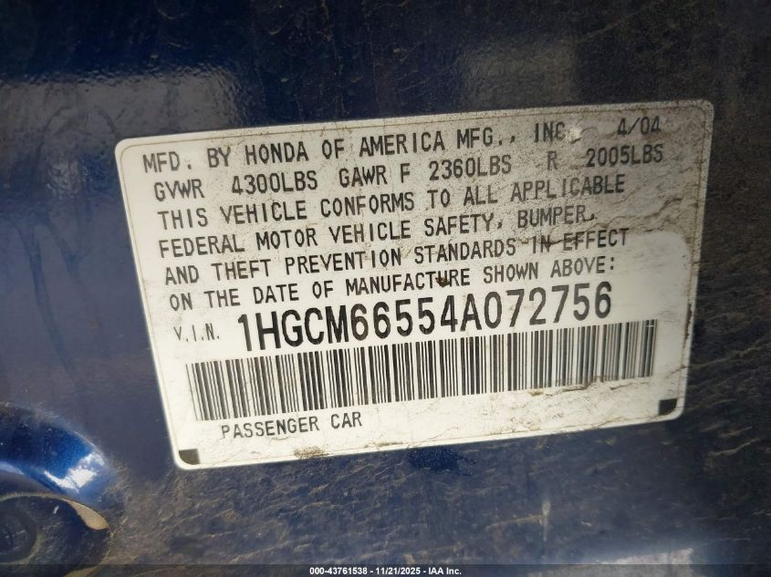 2004 Honda Accord 3.0 Ex VIN: 1HGCM66554A072756 Lot: 43761538