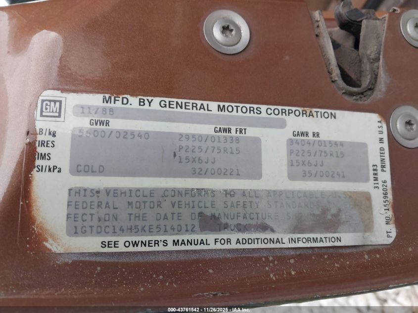 1989 GMC Sierra C1500 VIN: 1GTDC14H5KE514012 Lot: 43761542