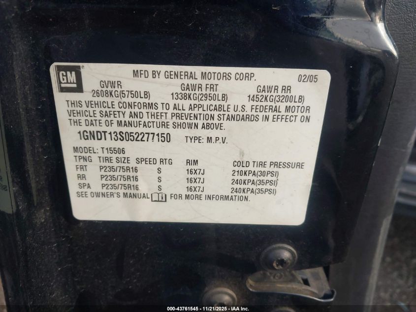 2005 Chevrolet Trailblazer Ls VIN: 1GNDT13S052277150 Lot: 43761545