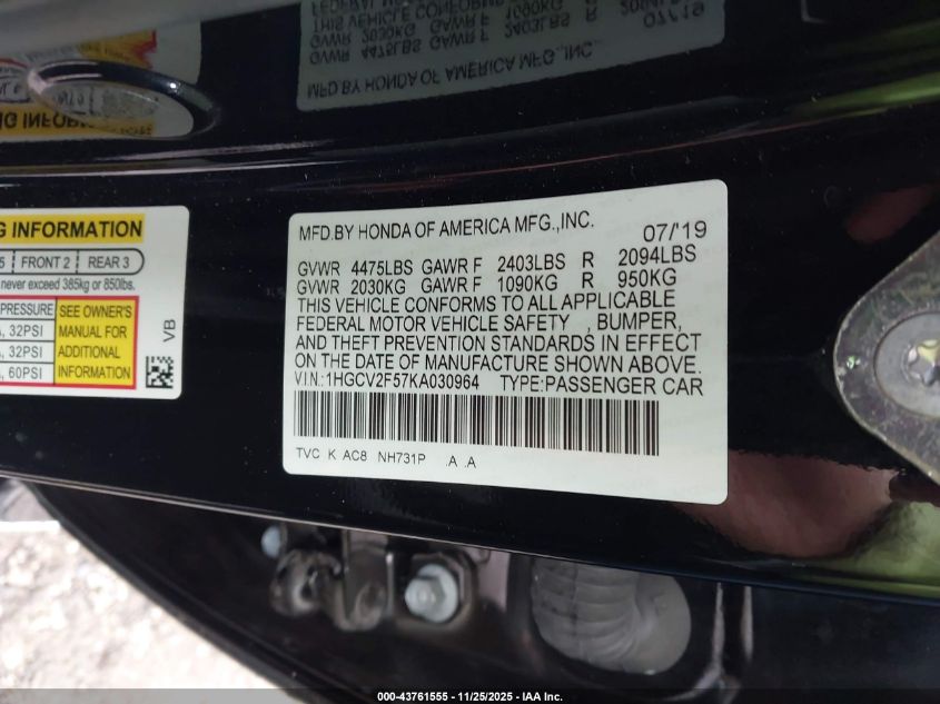 2019 Honda Accord Ex-L 2.0T VIN: 1HGCV2F57KA030964 Lot: 43761555