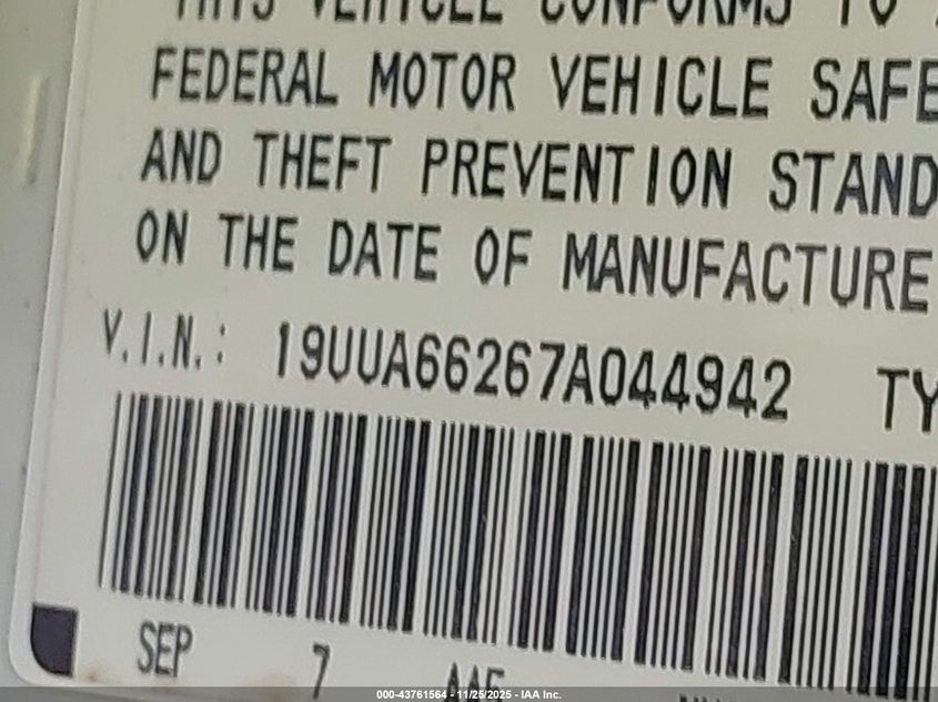 2007 Acura Tl 3.2 VIN: 19UUA66267A044942 Lot: 43761564