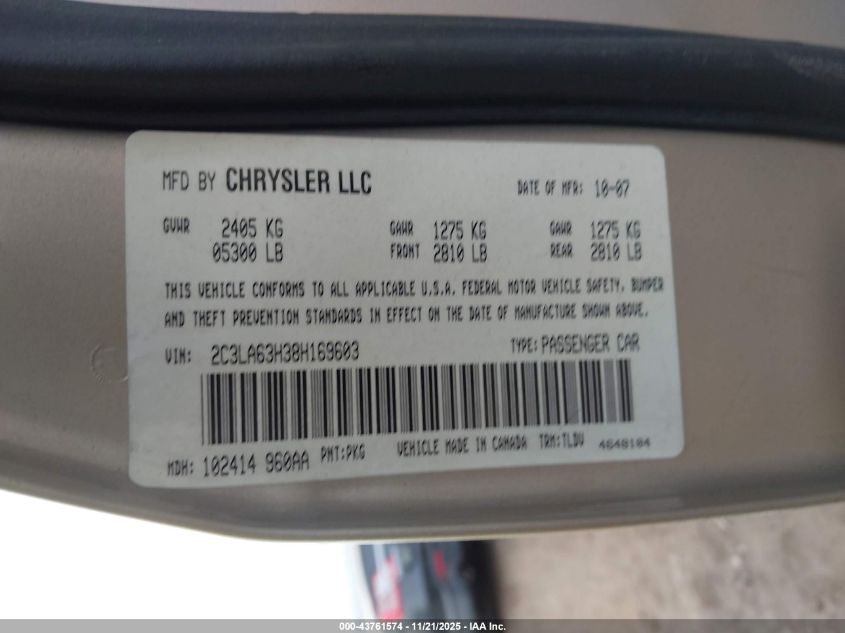 2008 Chrysler 300C Hemi VIN: 2C3LA63H38H169603 Lot: 43761574