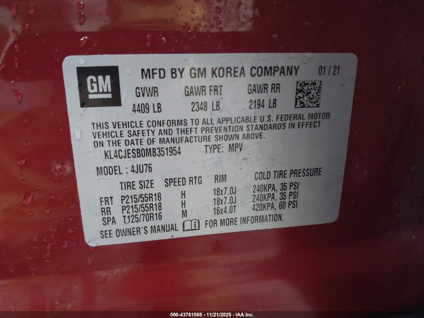 2021 Buick Encore Awd Preferred VIN: KL4CJESB0MB351954 Lot: 43761588