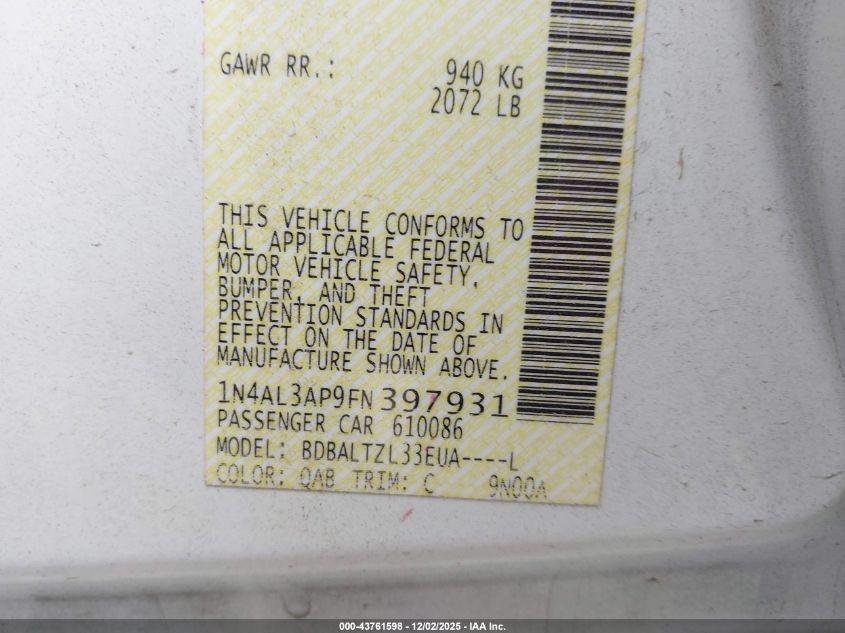 2015 Nissan Altima 2.5 Sl VIN: 1N4AL3AP9FN397931 Lot: 43761598