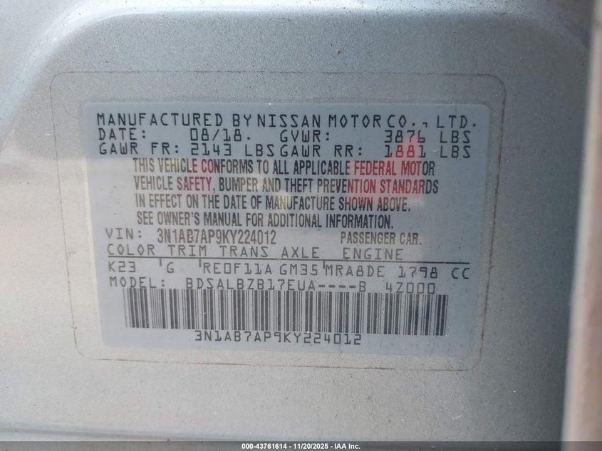 3N1AB7AP9KY224012 2019 NISSAN SENTRA photo no. 9