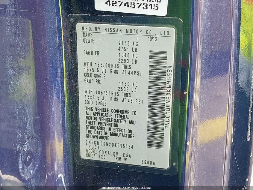 2013 Nissan Nv200 S VIN: 3N6CM0KN2DK695524 Lot: 43761616