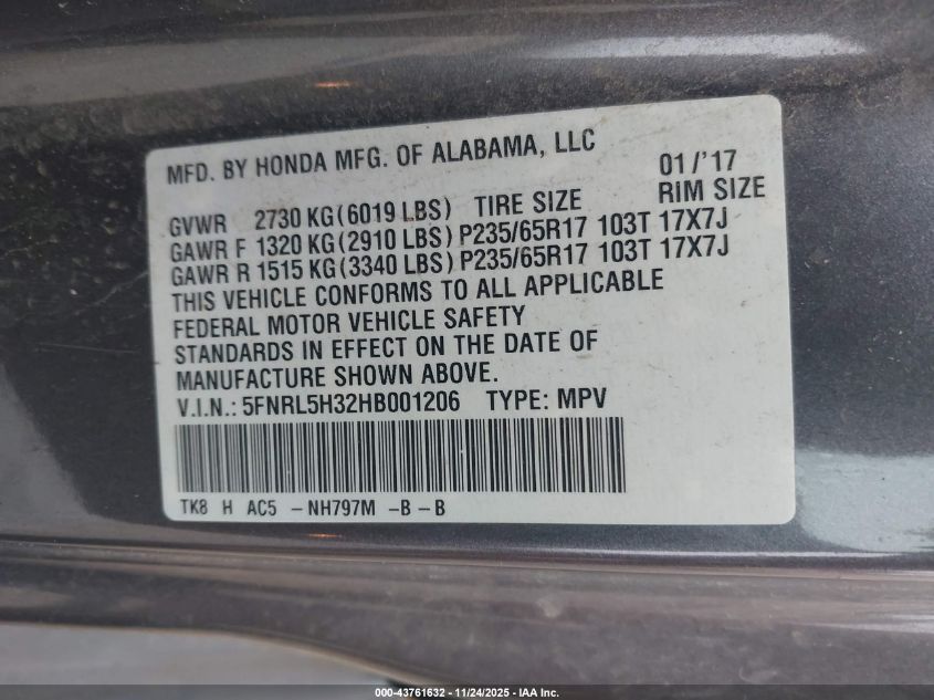 2017 Honda Odyssey Se VIN: 5FNRL5H32HB001206 Lot: 43761632