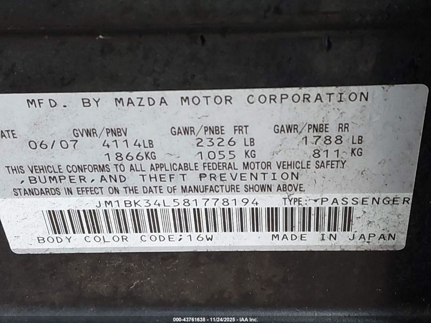 2008 Mazda Mazdaspeed3 Grand Touring VIN: JM1BK34L581778194 Lot: 43761638