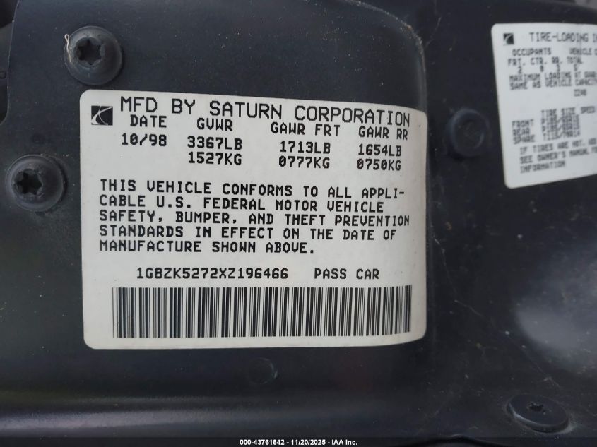 1999 Saturn Sl2 VIN: 1G8ZK5272XZ196466 Lot: 43761642