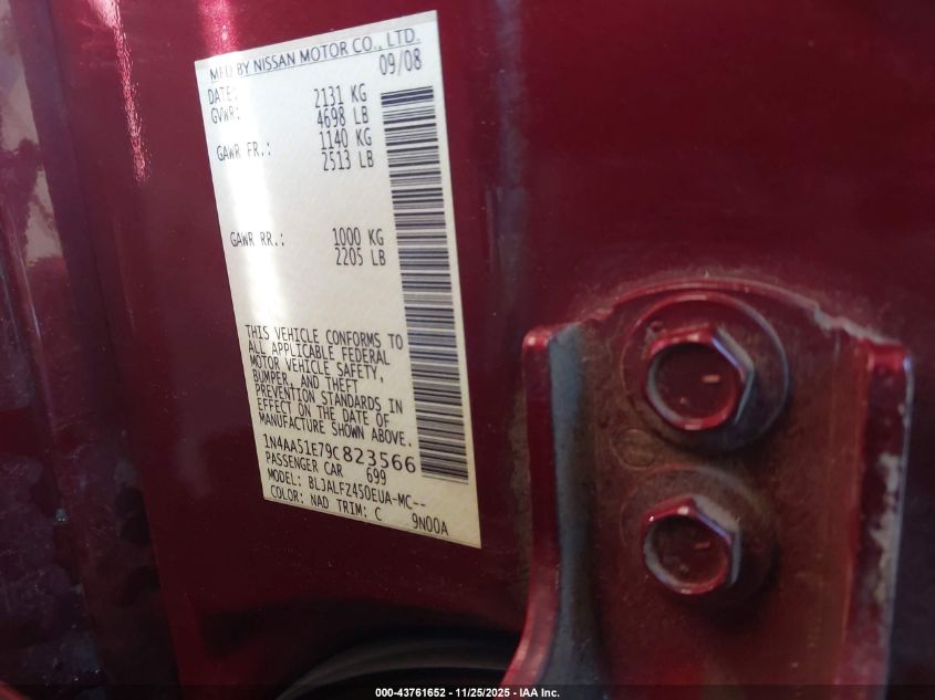 2009 Nissan Maxima 3.5 Sv VIN: 1N4AA51E79C823566 Lot: 43761652