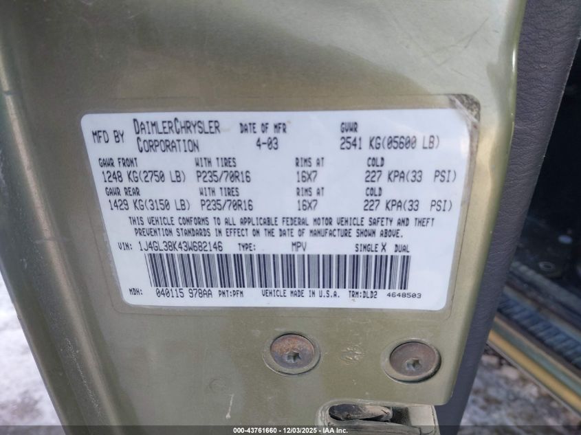 2003 Jeep Liberty Renegade VIN: 1J4GL38K43W682146 Lot: 43761660