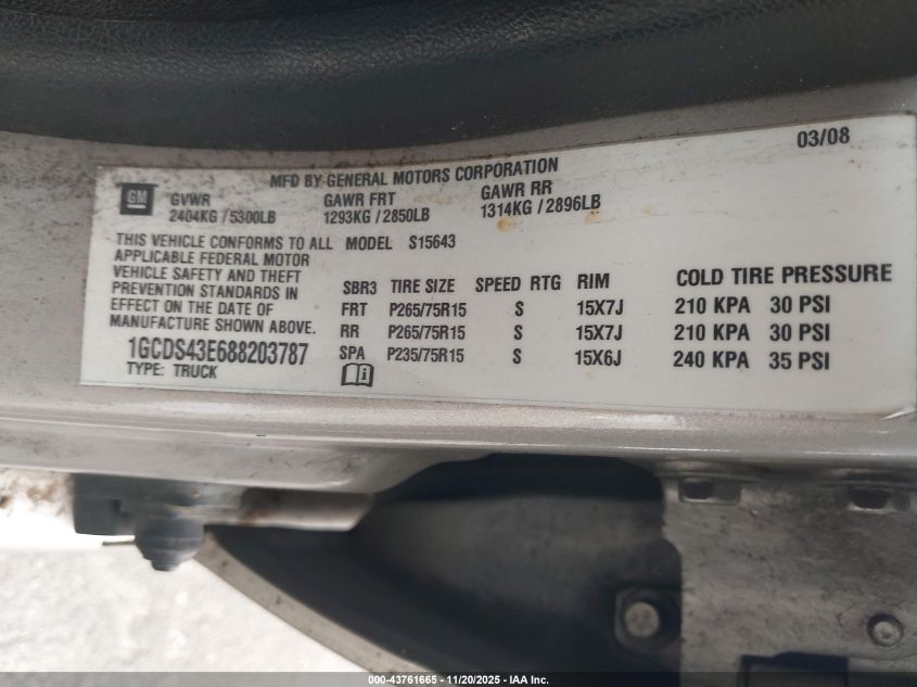 2008 Chevrolet Colorado Lt VIN: 1GCDS43E688203787 Lot: 43761665