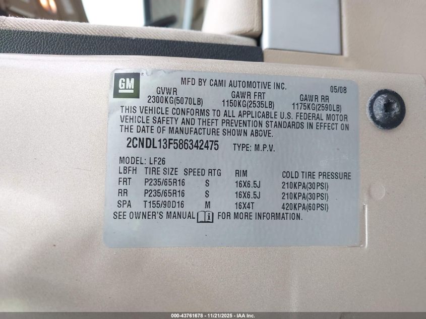 2008 Chevrolet Equinox Ls VIN: 2CNDL13F586342475 Lot: 43761678