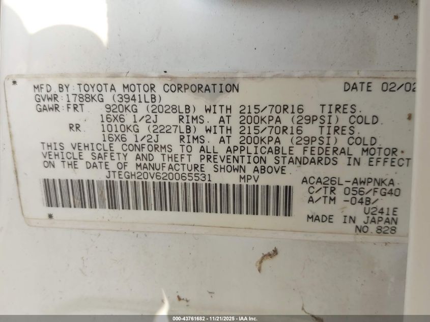 2002 Toyota Rav4 VIN: JTEGH20V620065531 Lot: 43761682