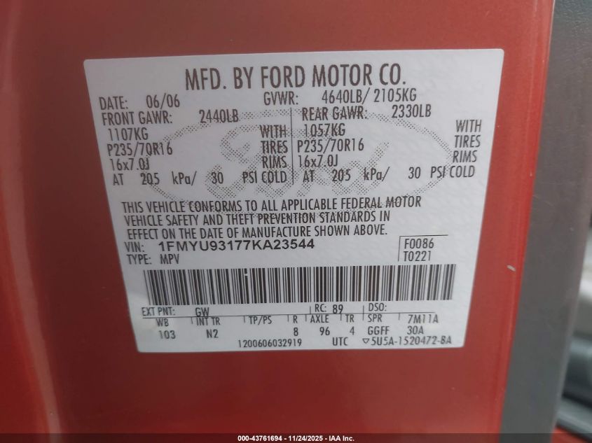 2007 Ford Escape Xlt/Xlt Sport VIN: 1FMYU93177KA23544 Lot: 43761694