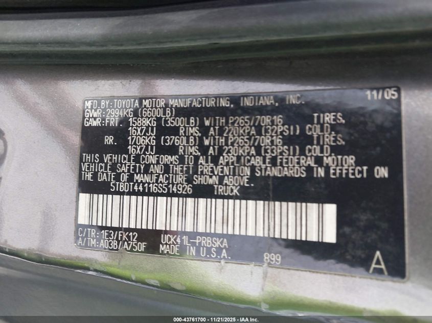 2006 Toyota Tundra Sr5 V8 VIN: 5TBDT44116S514926 Lot: 43761700