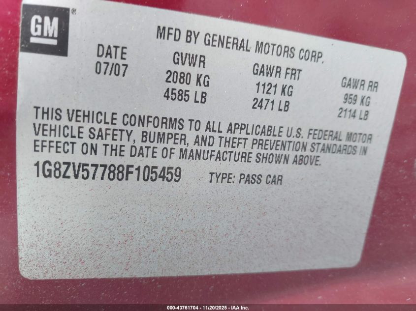 2008 Saturn Aura Xr VIN: 1G8ZV57788F105459 Lot: 43761704