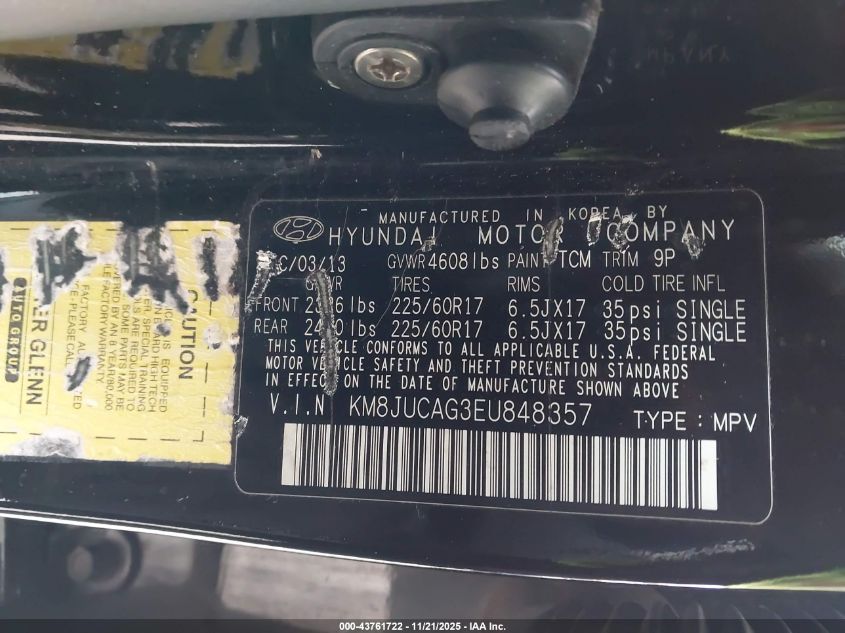 2014 Hyundai Tucson Se VIN: KM8JUCAG3EU848357 Lot: 43761722