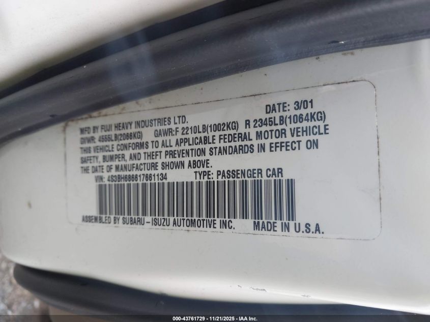 2001 Subaru Outback Limited VIN: 4S3BH686617661134 Lot: 43761729