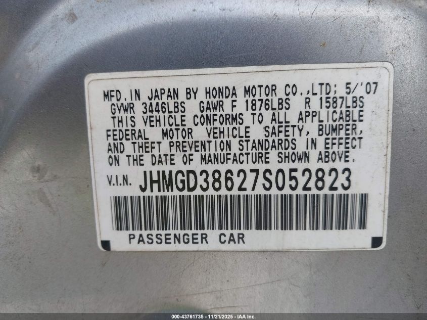 2007 Honda Fit Sport VIN: JHMGD38627S052823 Lot: 43761735