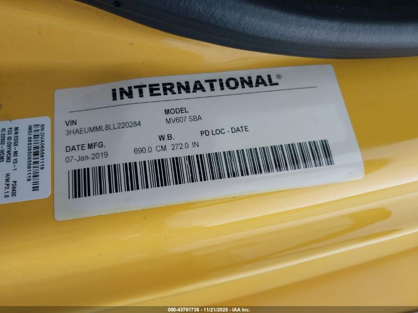 2020 International Mv VIN: 3HAEUMML8LL220284 Lot: 43761736